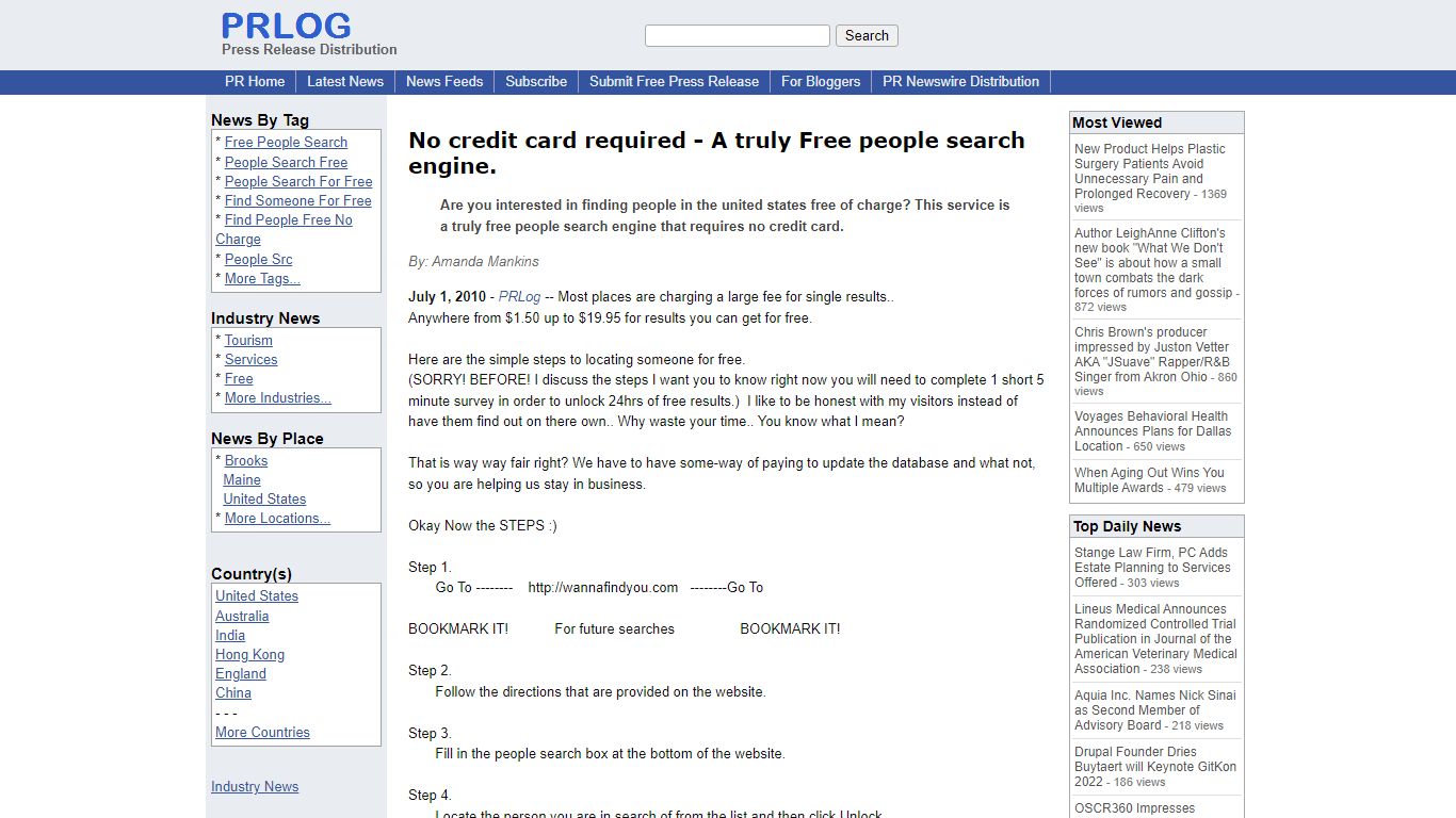 No credit card required - A truly Free people search engine.